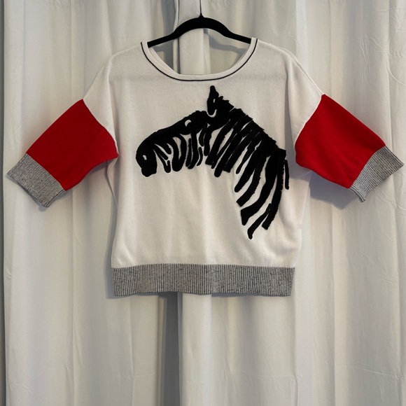 Gabby Isabella Sweaters - Zebra Fringe Sweater Cotton Colorblock 3/4 Sleeve Medium